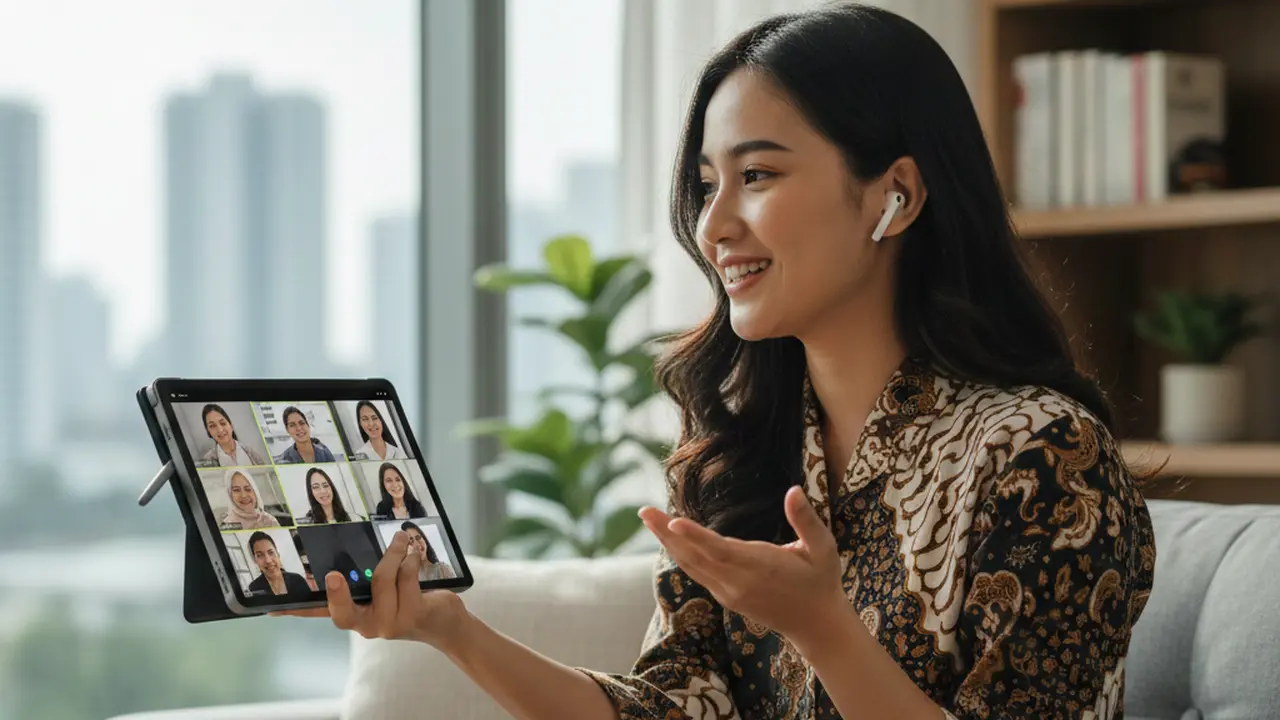 Ilustrasi meeting online menggunakan tablet