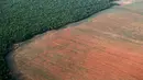 Pantauan foto udara hutan hujan Amazon (kiri), yang berbatasan dengan lahan gundul disiapkan untuk penanaman kedelai, Negara Mato Grosso di barat Brasil, (4/10). Brasil akan menghasilkan rekor 97.800.000 ton kedelai di 2015-2016.  (REUTERS/Paulo Whitaker)