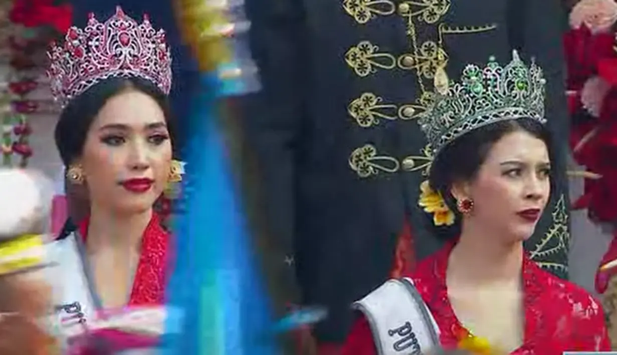 Sementara itu, Laksmi Shari De Neefe Suardana tampak ayu dengan kebaya panjang yang dipadukan dengan kain batik. Ia pun menambah kesan elegan pada penampilannya dengan mengenakan selendang merah dan mahkota Puteri Indonesia.(Tangkapan layar YouTube Sekretariat Presiden)