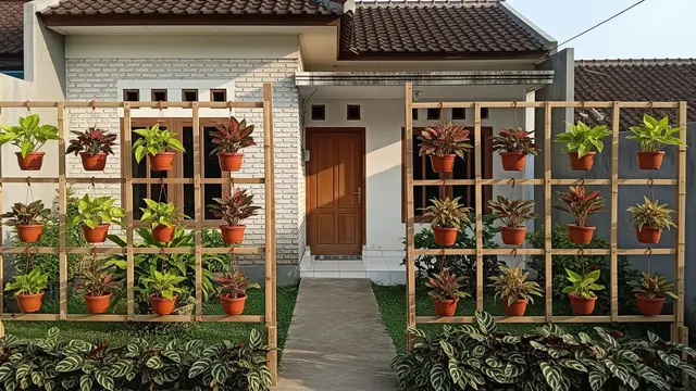 Pagar Bambu Rangka Kotak dengan Pot di Tengah