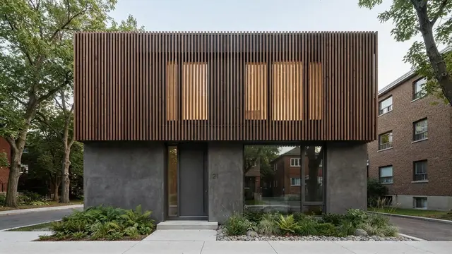 Model Fasad Rumah dengan Aksen Kayu Vertikal