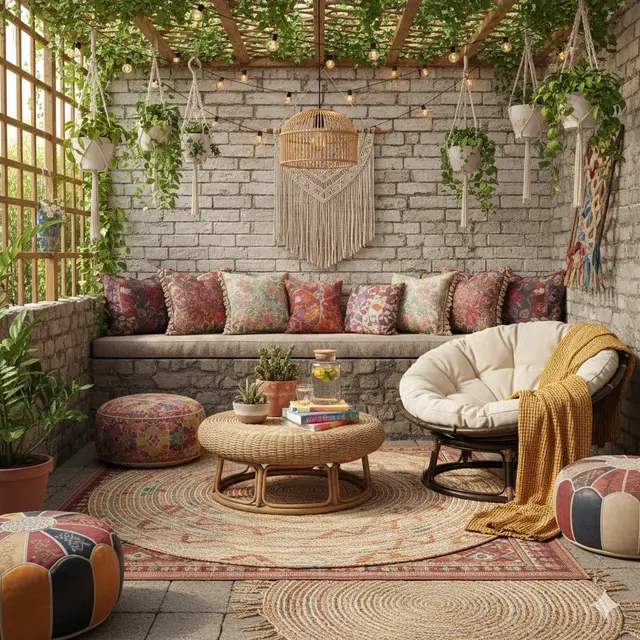 Desain Teras Kecil tapi Homy dengan Bantal Lembut (Foto: Gemini AI)