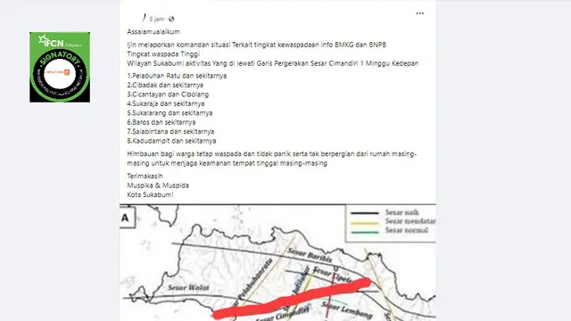 Tangkapan layar klaim informasi dari BMKG terkait kewaspadaan atas Sesar Cimandiri