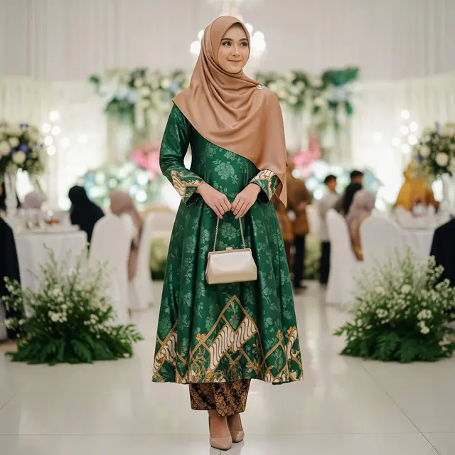 Gamis Hijau Zamrud Kombinasi Batik dan Hijab Nude Trend 2025