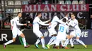 Para pemain Rijeka merayakan kemenangan atas AC Milan pada laga Liga Europa di Stadion HNK Rijeka, Jumat (8/12/2017). AC Milan takluk 0-2 dari Rijeka. (AFP/Stringer)