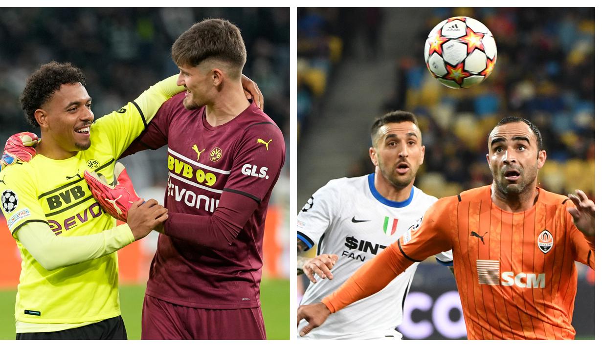 Borussia Dortmund sukses memetik kemenangan atas Sporting Lisbon meski tanpa penyerang andalannya, Erling Haaland pada matchday kedua Liga Champions 2021/2022. Sementara itu, laga Shakhtar Donetsk melawan Inter Milan berlangsung tanpa gol. Berikut ulasannya. (Foto Kolase: AP dan AFP)