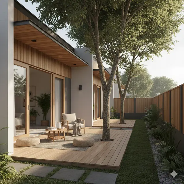 Model Rumah Japandi dengan Teras Mini dan Ketapang Kencana (Foto: Gemini AI)
