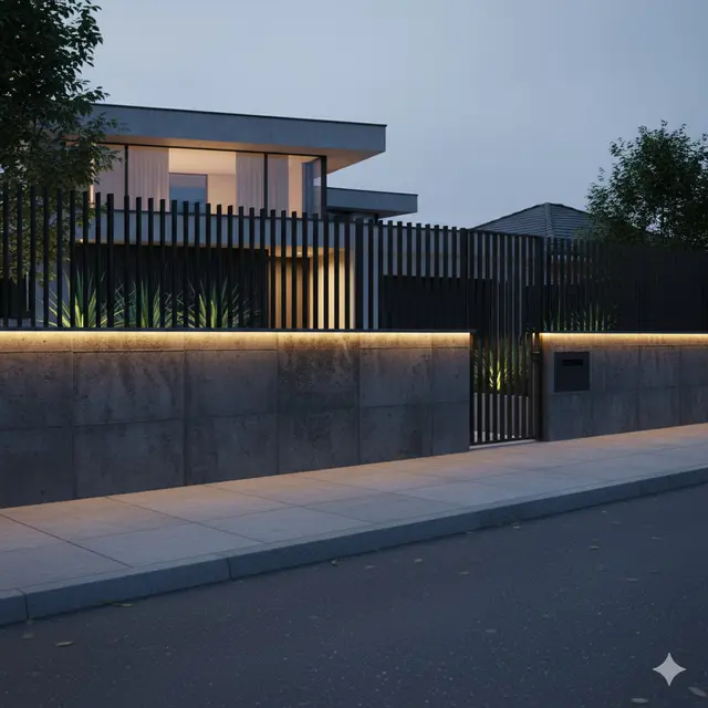 Desain Pagar Rumah dengan Kombinasi Besi dan Tembok. Gemini
