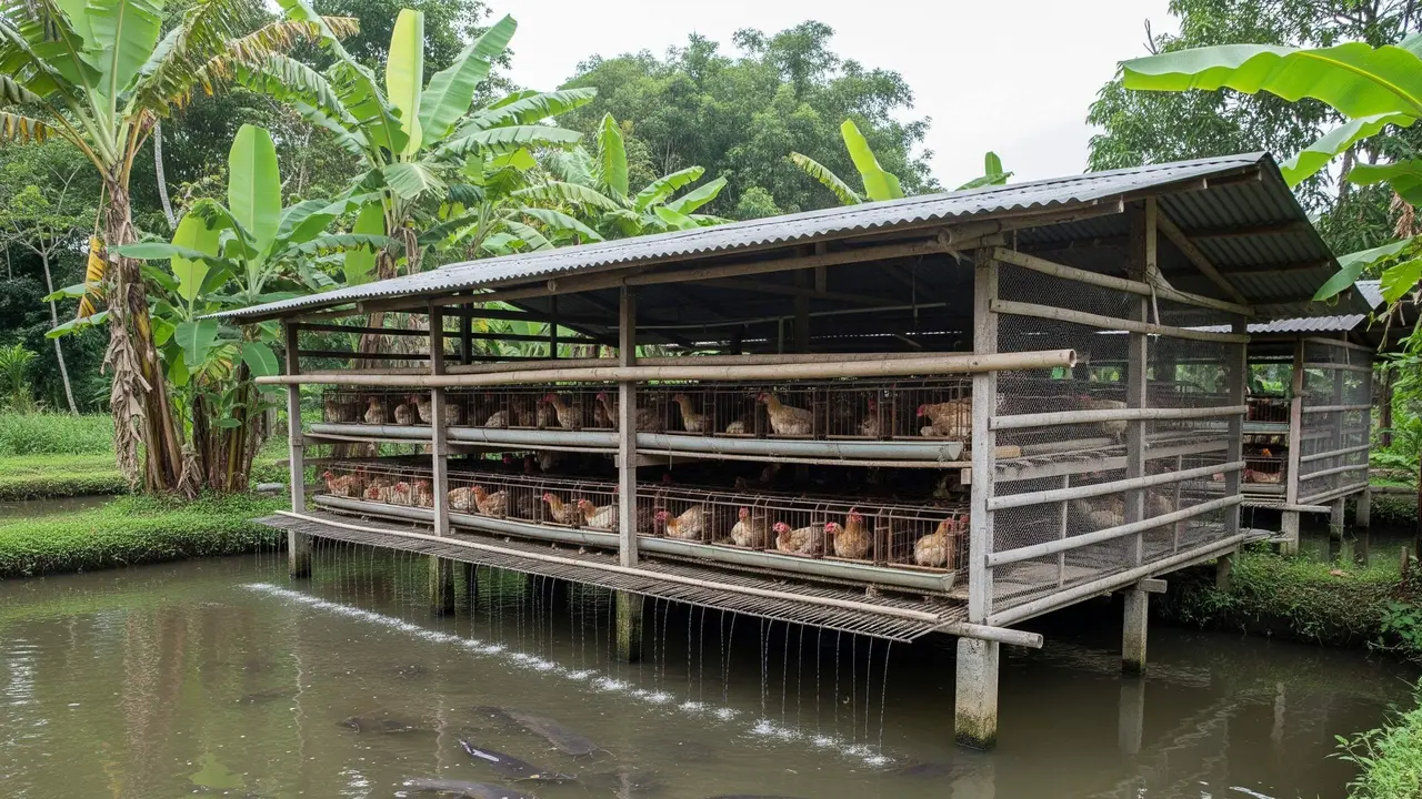 model kandang ayam dan kolam ikan sistem mina