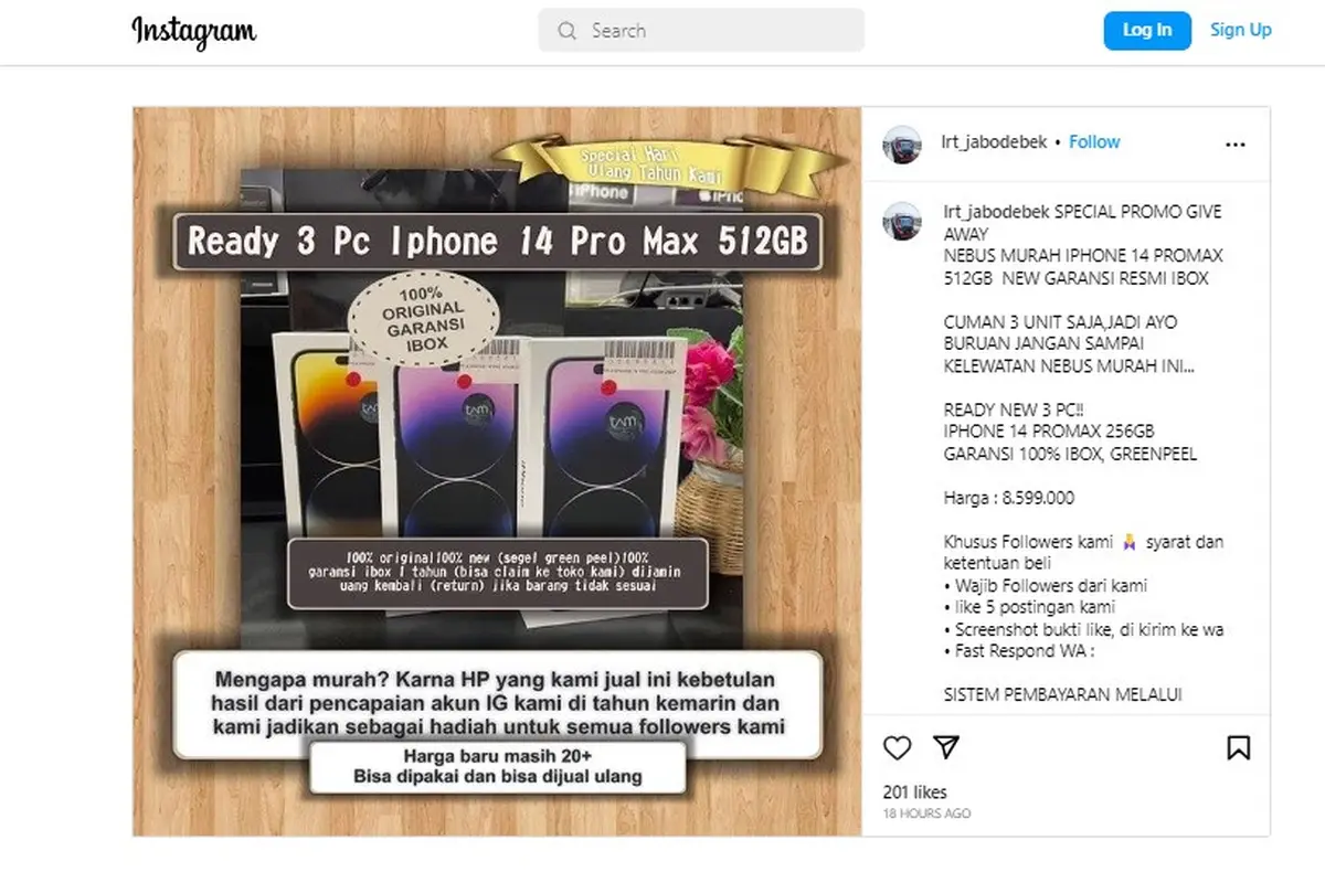 Instagram resmi LRT Jabodebek kembali diserang hacker dan menawarkan iPhone