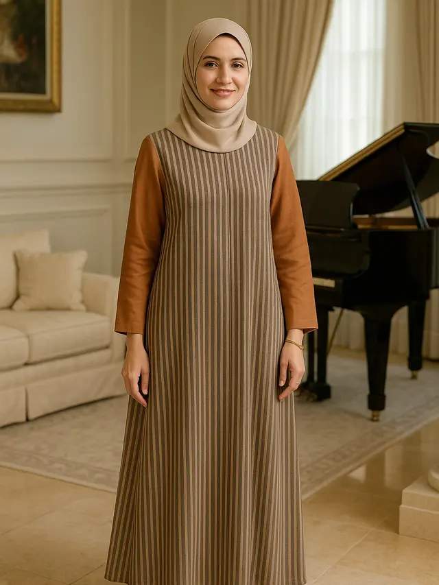 Model Gamis Lurik Kombinasi Polos di Lengan untuk Ibu-ibu 40 Tahun