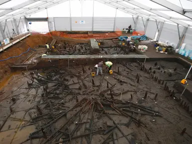 Arkeolog dari Universitas Cambridge, menemukan rumah kayu dari zaman perunggu yang tertutup oleh lumpur di Peterborough, Inggris, (12/1/2016). Bangunan rumah kayu ini berbentuk seperti rumah panggung. (REUTERS/Peter Nicholls)
