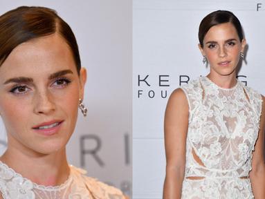 Foto kolase Emma Watson saat menghadiri makan malam The Kering Foundation's Caring for Women di The Pool on Park Avenue, New York City, Amerika Serikat, 15 September 2022. Emma Watson tampil glamor saat menghadiri acara tersebut. (ANGELA WEISS/AFP)