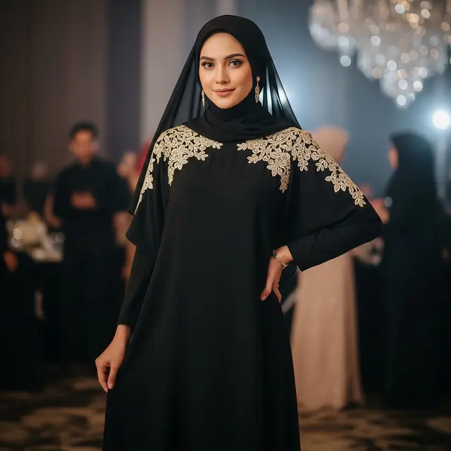 9 Model Gamis Hitam Simple Elegan Kombinasi Brokat Gold untuk Pesta Malam, Elegan