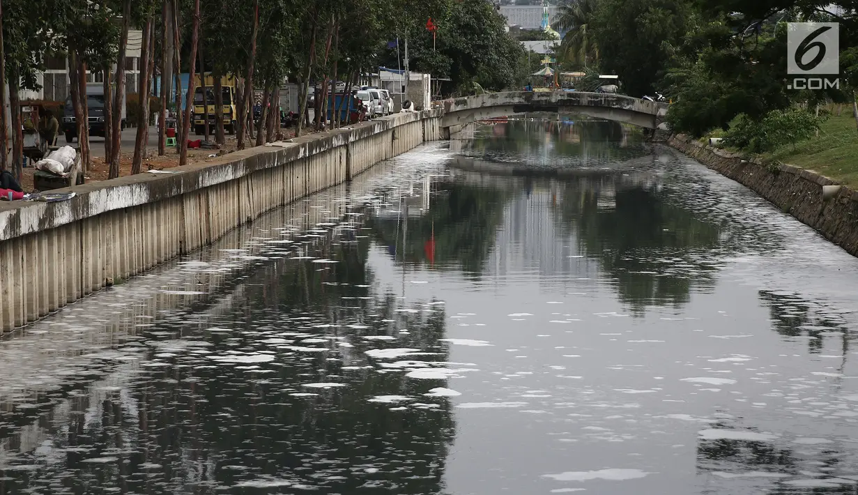 Buih terlihat di aliran Kali Duri yang berwarna hitam di kawasan Jakarta Barat, Sabtu (24/11). Dinas Lingkungan Hidup DKI Jakarta mengungkapkan bahwa sebanyak 61 persen aliran sungai di Jakarta mengalami pencamaran berat. (Liputan6.com/Herman Zakharia)