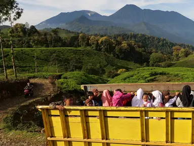 Sejumlah siswa menumpang truk di kawasan Cikoneng, Bogor, Selasa (30/3/2021). Untuk menuju sekolahnya di SDN Cikoneng, sebagian siswa harus menumpang truk, jalan kaki dan membawa kendaraan pribadi karena akses jalan yang sulit di daerah perbukitan perkebunan teh. (Liputan6.com/Herman Zakharia)