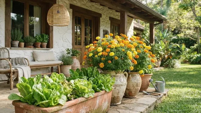 Inspirasi Taman Teras dengan Bunga Hias dan Sayuran Daun