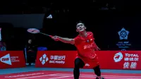 Tunggal putra Indonesia, Jonatan Christie, saat tampil pada laga kedua Grup A BWF World Tour Finals 2019 di Tianhe Gymnasium, Guangzhou, Kamis (12/12/2019). (dok. PBSI)