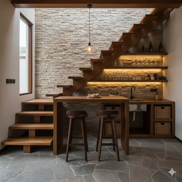 Dapur Rustic dengan Mini Bar dan Rak Kayu Terbuka