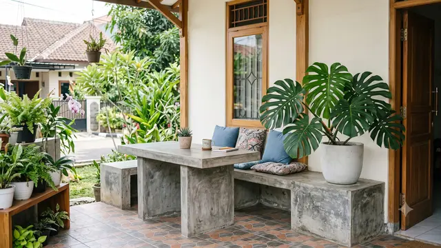 Ide Teras Rumah dengan Meja Semen dan Tanaman Monstera