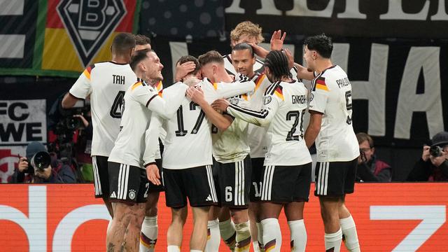 Selebrasi Timnas Jerman usai menjebol gawang Timnas Slovakia di Grup A Kualifikasi Piala Dunia 2026 zona Eropa, Selasa (18/11/2025) dini hari WIB. (AP Photo/Matthias Schrader)