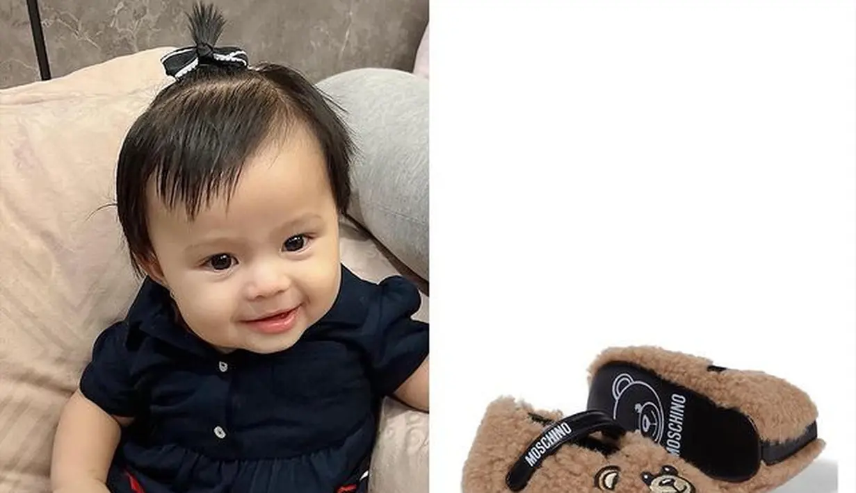 Bahkan kali ini, ia mengenakan sepasan sepatu balet dari Moschino Baby. Sepatu dengan aksen bordir teddy bear ini dibanderol harga senilai Rp 1.785.000. (Foto: fashion_aureliehermansyah_atta)