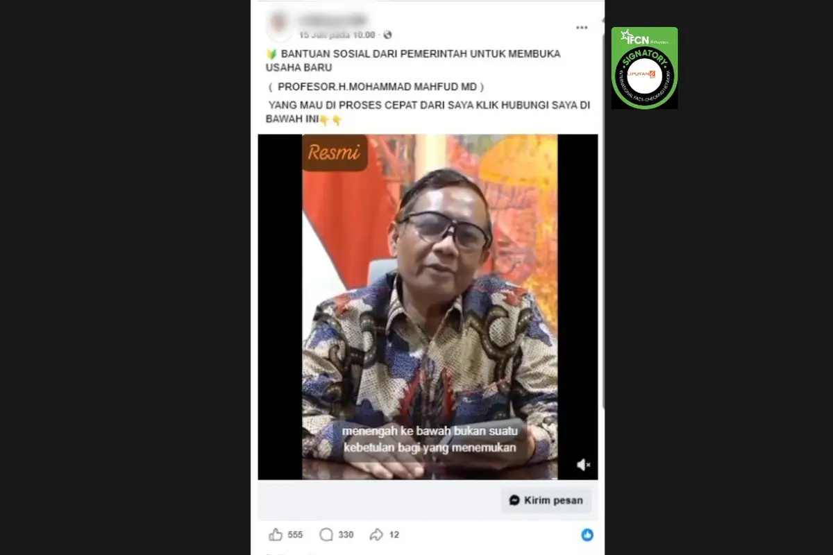 Cek Fakta Liputan6.com mendapati klaim video mantan Menko Polhukam Mahfud Md mengumumkan bantuan sosial untuk membuka usaha.