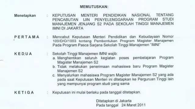Kepmendiknas No. 56/E/0/2011 Soal Pencabutan Izin Prodi S2 Manajemen IMNI (Sumber: http://lldikti12.ristekdikti.go.id)
