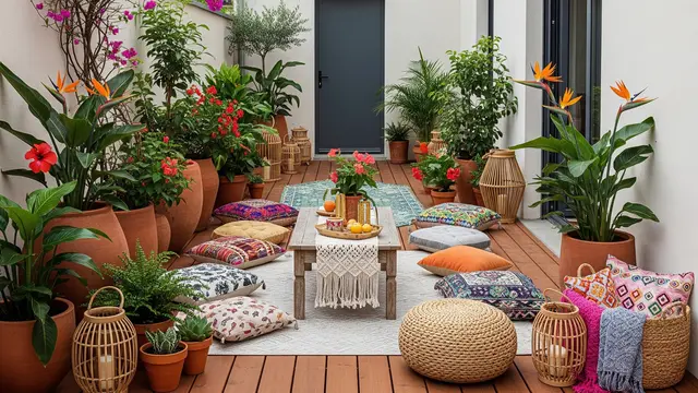 Desain Teras Rumah Sederhana dengan Tanaman Pot Besar (AI)