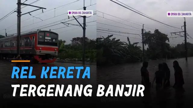 Rel kereta tergenang air akibat hujan deras.Peristiwa itu terjadi di antara Stasiun Pondok Ranji-Kebayoran.