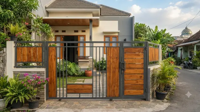 Model Gerbang Rumah Kecil yang Elegan Model Kombinasi Besi dan Kayu