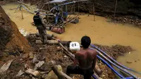 Seorang suku Yanomami indian  bersama petugas lingkungan Brasil memeriksa alat tambang yang ada di jantung Hutan Amazon, Roraima, Brasil, pada 18 April 2016. Akibat banyaknya penambang liar membuat hutan amazon tak cantik lagi. ( REUTERS / Bruno Kelly) 