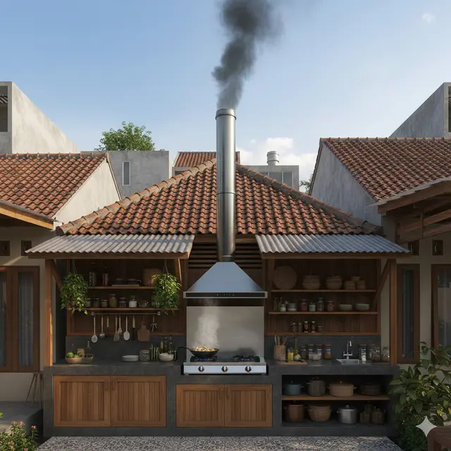 Desain Dapur Terbuka yang Asapnya Tidak Mengarah ke Rumah Tetangga (Foto: Gemini AI)