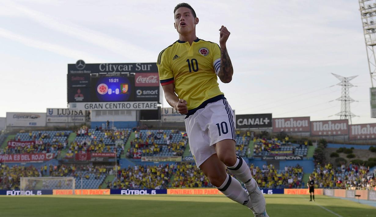 Gelandang Kolombia, James Rodriguez menempati peringkat keenam top scorer dengan koleksi lima gol pada kulifikasi Piala Dunia 2018 zona CONMEBOL. (AFP/Javier Soariano)