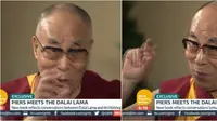 Ekspresi lucu Dalai Lama tentang Trump dilakukannya ketika sedang diwawancarai oleh Piers Morgan untuk acara televisi Inggris. (Sumber cuplikan video ITV)