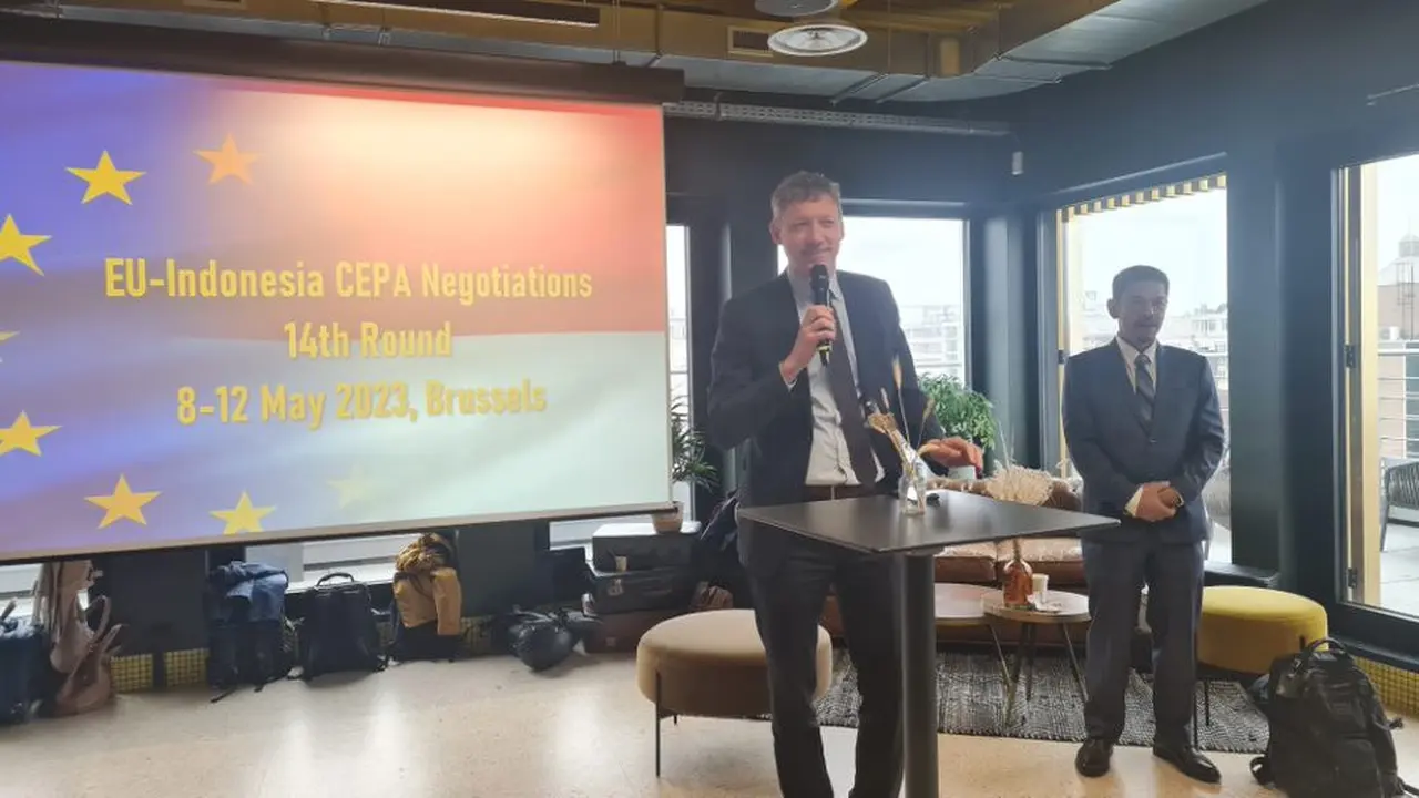 Dalam perundingan di Brussels Belgia pada 18—12 Mei 2023, Indonesia dan Uni Eropa (UE) berhasil menyelesaikan perundingan Indonesia—European Union Comprehensive Economic Partnership Agreement (I-EU CEPA) putaran ke-14. (Dok Kemendag)