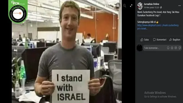 Gambar Tangkapan Layar Foto yang Diklaim Mark Zuckerberg memamerkan tulisan "I stand with ISRAEL" (sumber: Facebook)