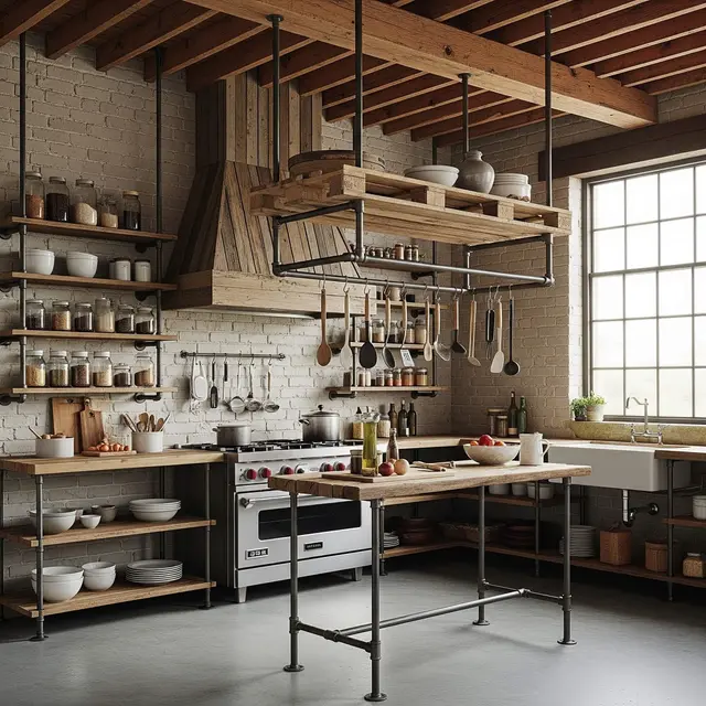 Desain Dapur Industrial dengan Kombinasi Kayu dan Besi