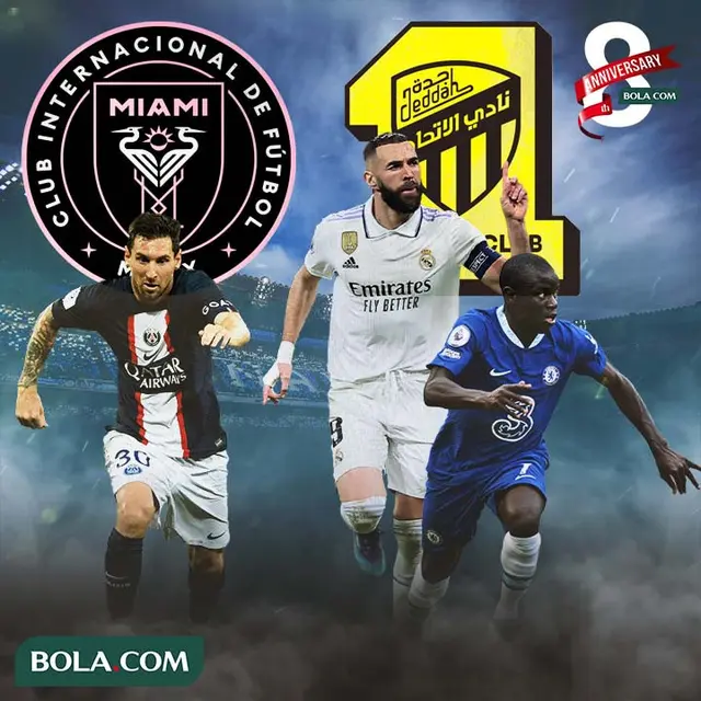 Ilustrasi - Lionel Messi dan Logo Inter Miami, Karim Benzema dan N'Golo Kante Logo Al-Ittihad
