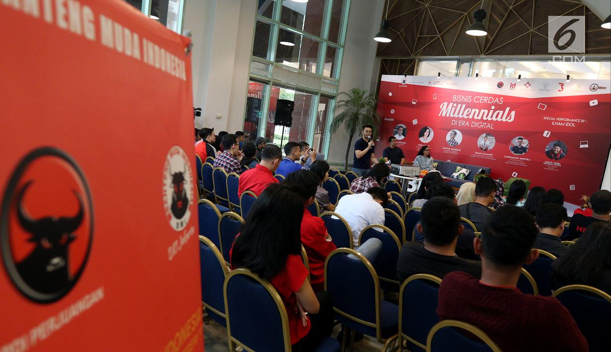 Founder Elven Digital Branding Consultant Laksamana Mustika menjadi pembicara diskusi 'Bisnis Cerdas Millennials di Era Digital' di Jakarta, Sabtu (24/2). Diskusi bertujuan menciptakan wirausaha muda khususnya di bidang digital. (Liputan6.com/JohanTallo)