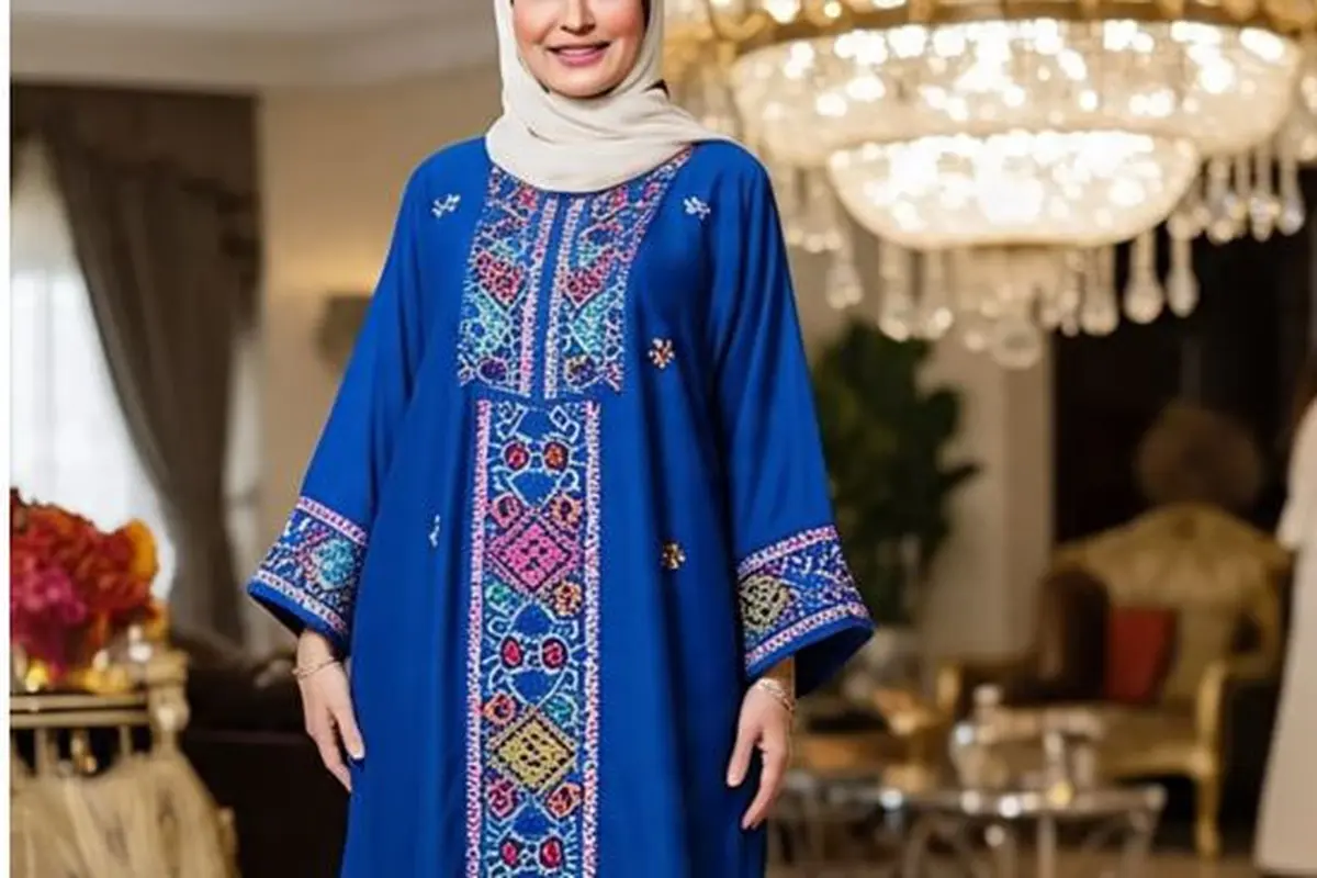 Ilustrasi Model Gamis Kaftan Bordir untuk Kondangan Ibu-ibu Usia 50 Tahunan (Sumber Gambar Meta AI)