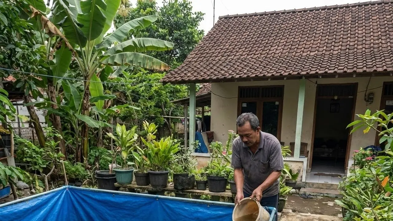 Menguras kolam ternak ikan gurame tanpa pompa besar (Gemini AI)