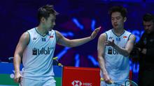 Aksi Kevin Sanjaya Sukamuljo/Marcus Fernaldi Gideon pada semifinal All England 2020, Sabtu (14/3/2020). (PBSI)