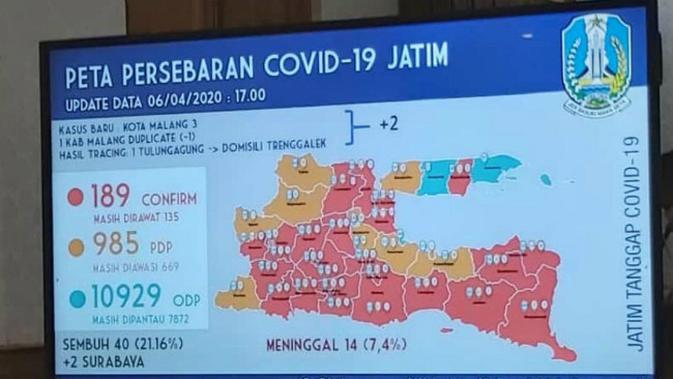 Peta persebaran Corona COVID-19 di Jawa Timur pada Senin, 6 April 2020. (Foto: Liputan6.com/Dian Kurniawan)
