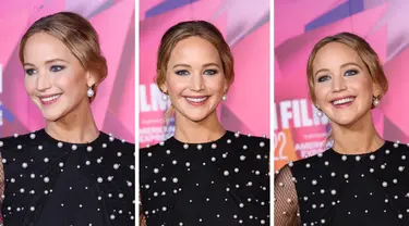 Foto kolase Jennifer Lawrence saat menghadiri pemutaran perdana film ' Causeway' selama Festival Film London 2022 di London, Sabtu, 8 Oktober 2022. (Photo by Vianney Le Caer/Invision/AP)