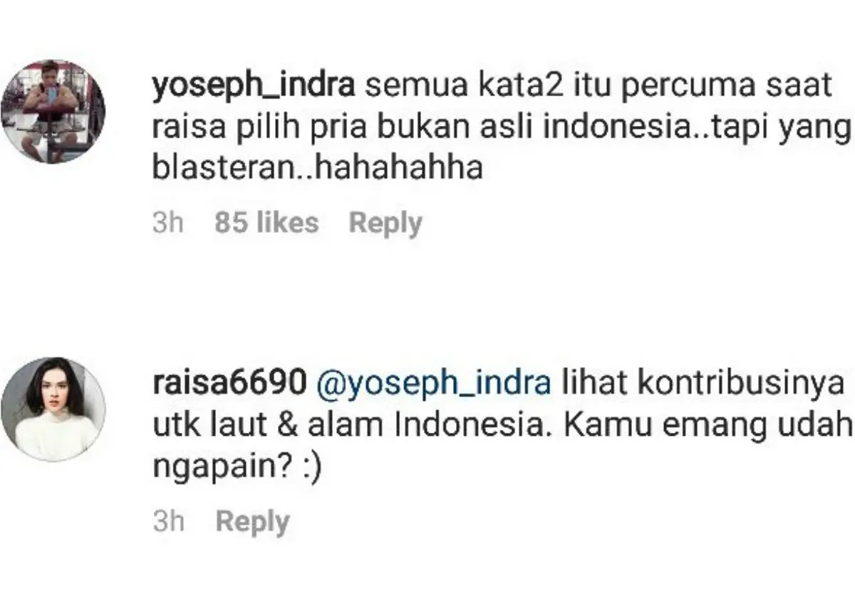 Raisa membalas komentar netizen yang menyindir keputusannya menikahi WNA. (Instagram/raisa6690)