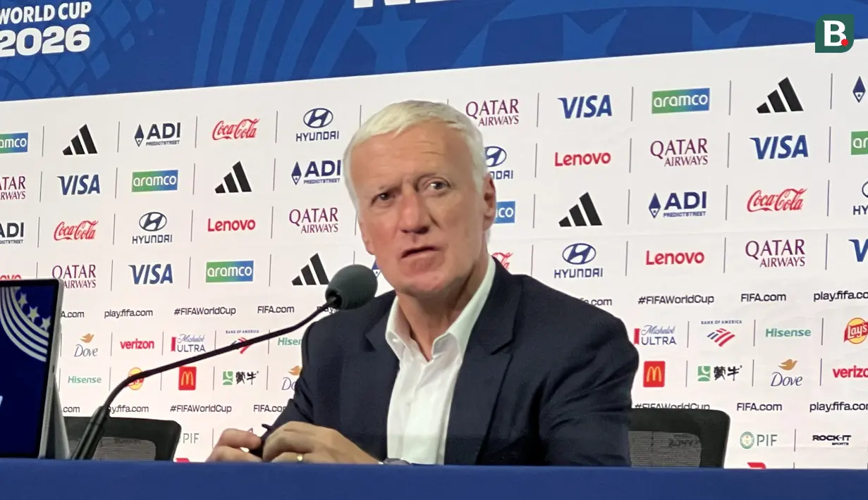 Pelatih Prancis memberikan keterangan kepada awak media setelah timnya mengalahkan Swedia 3-0 pada babak 32 besar Piala Dunia 2026 di MetLife Stadium, New York, New Jersey, Amerika Serikat, Selasa (30/6/2026) waktu setempat atau Rabu (1/7/2026) dini hari WIB. Kemenangan tersebut memastikan Les Bleus melaju ke babak 16 besar. (KLY Sports/Hery Kurniawan)
