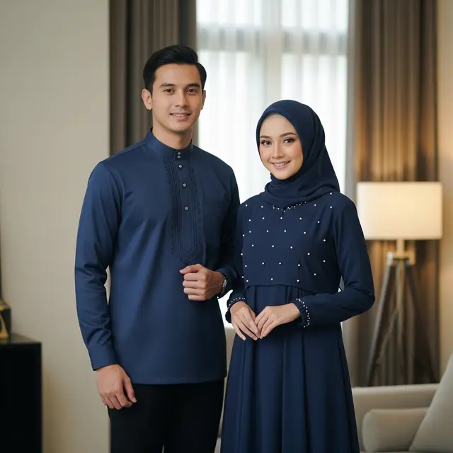 Pasangan pakai baju lebaran Sentuhan Warna Navy yang Klasik (Gemini AI)