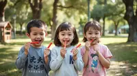 Ilustrasi anak-anak sedang asyik memakan jajanan pedas Latiao. (Foto by AI)&nbsp;