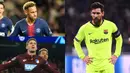 Messi mengukuhkan diri menjadi pencetak gol terbanyak Liga Champions 2019 hingga babak 16 besar usai mencetak dua gol ke gawang Olimpique Lyon. (Kolase Foto AFP)